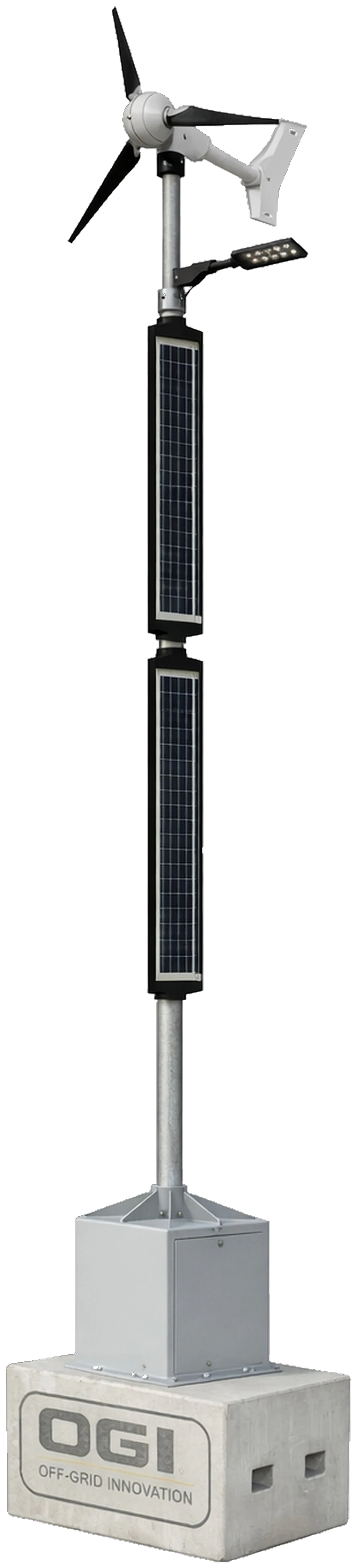 KV6 Portable zonal lighting unit with solar panels, wind turbine and LED head